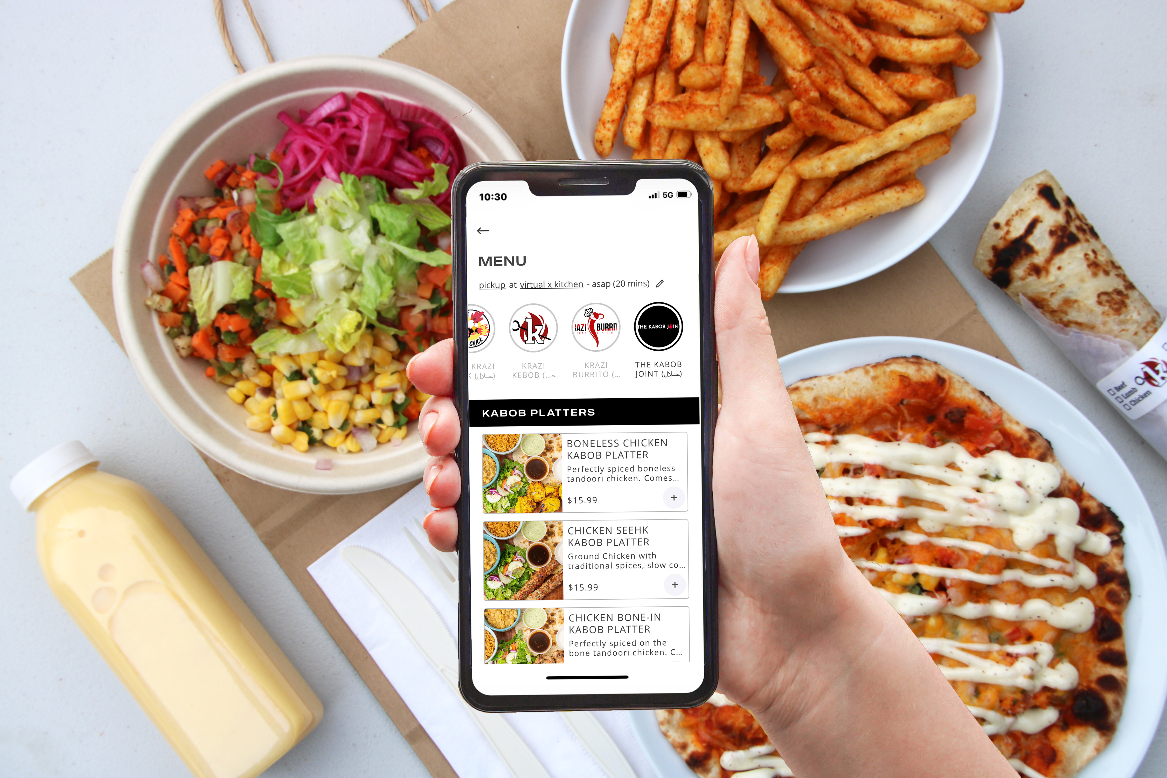 Virtual X Kitchen app showing menu with food dishes